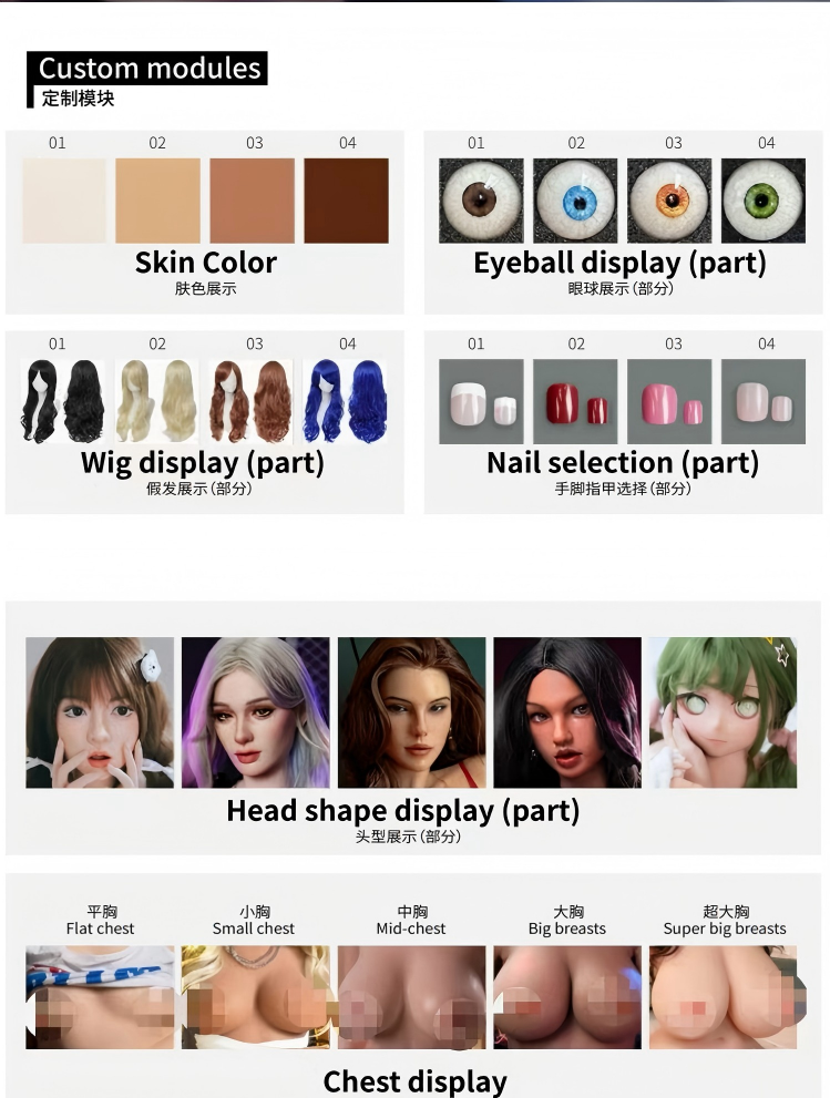 Opções de personalização: pele, olhos, peruca, unhas, cabeça e busto